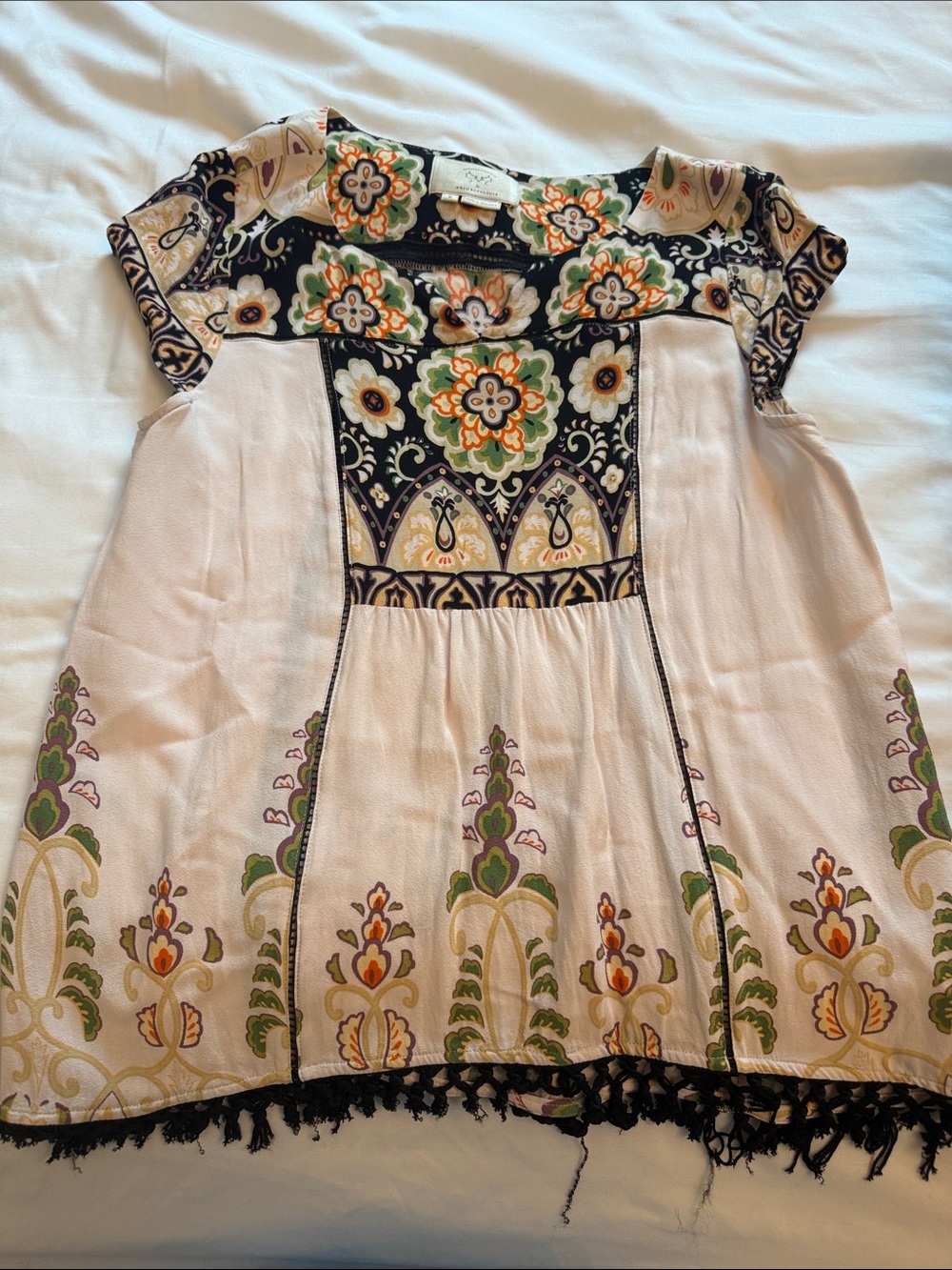 Boho Floral Embroidered Cream & Black Short Sleeve Blouse